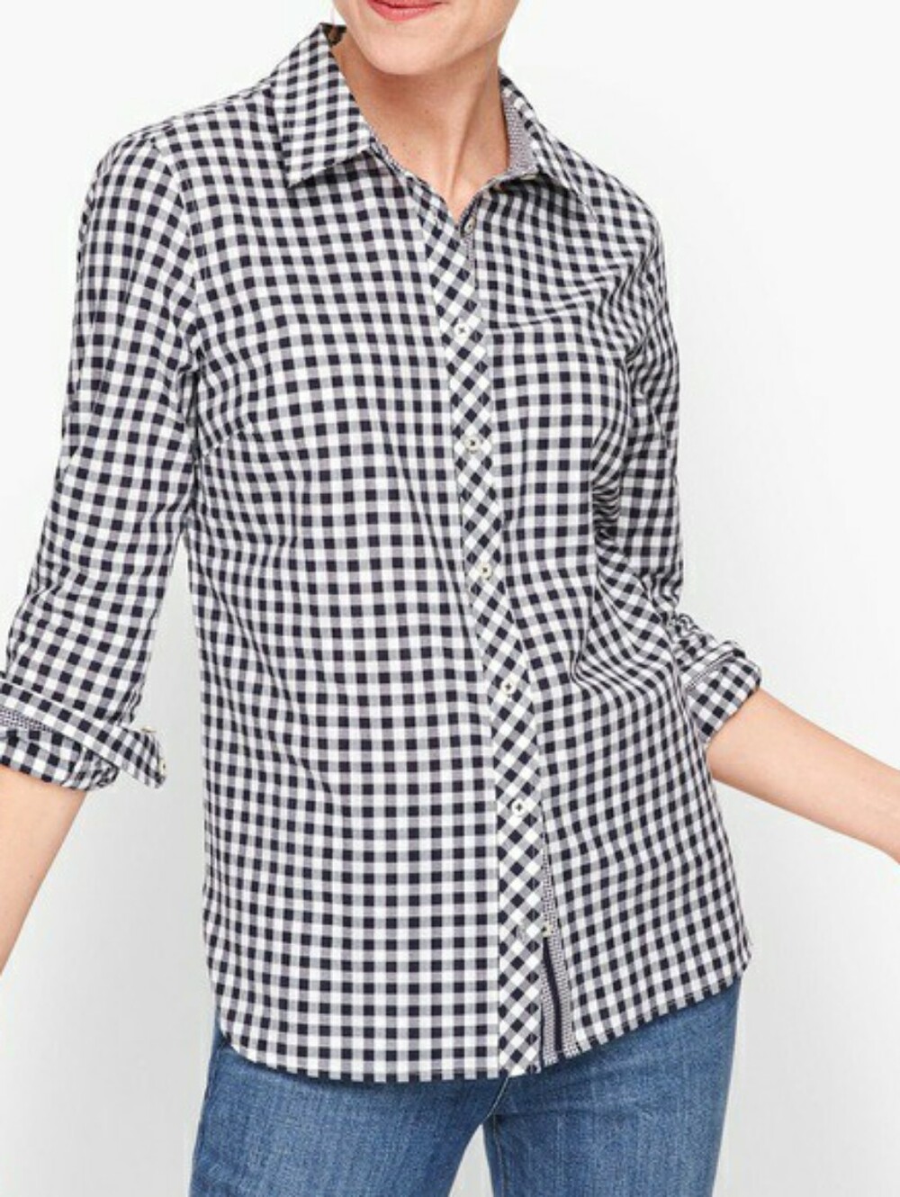 Talbots Black Gingham Print Classic Cotton Shirt Size Large Button Down Collared